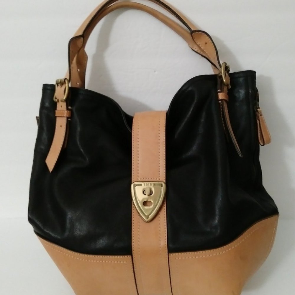 Brook Brothers Leather Black Tan Hobo Bag - Picture 4 of 16